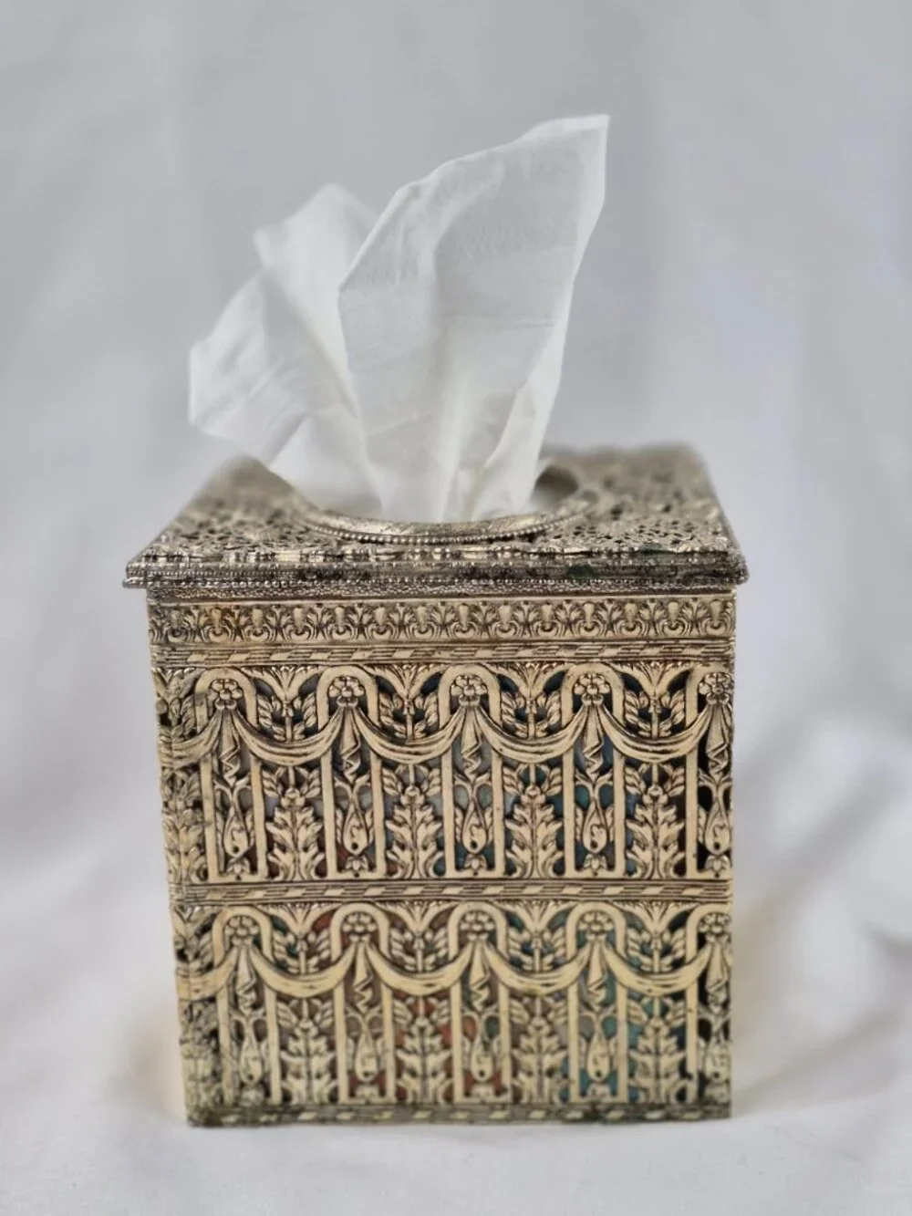 Vintage Hollywood Regency Filigree Vanity Ornate Square Tissue Box Cover